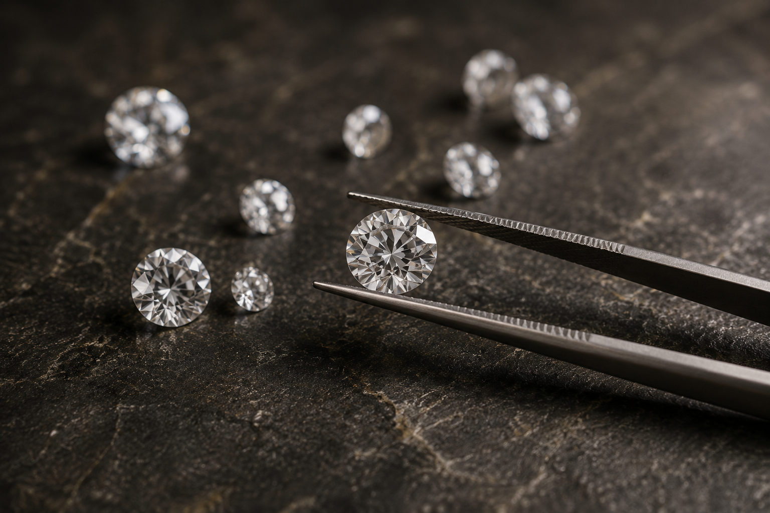 Loose diamonds selected with tweezers