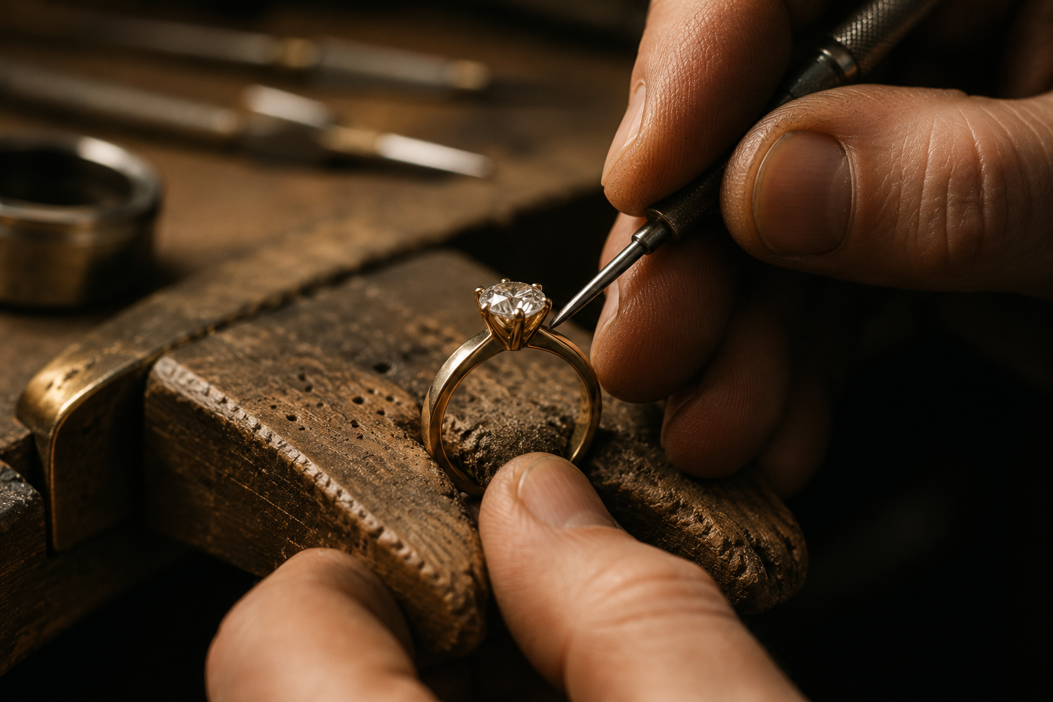 Master jeweller setting a diamond by hand